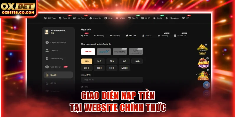 Giao diện nạp tiền tại website chính thức